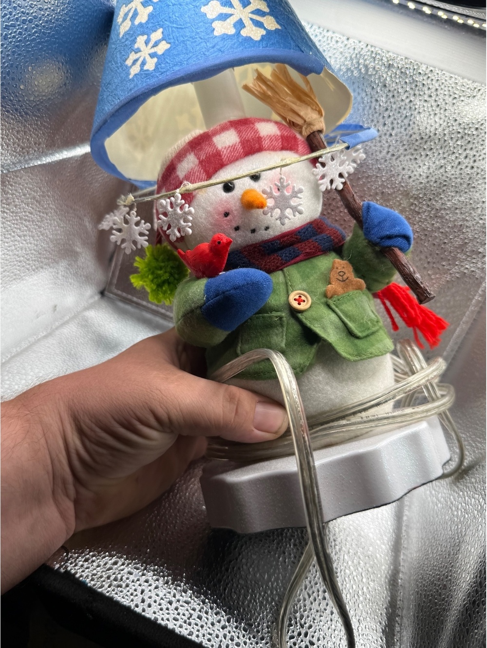 Vintage Snowman Night Light with Blue Snowflake Lampshade